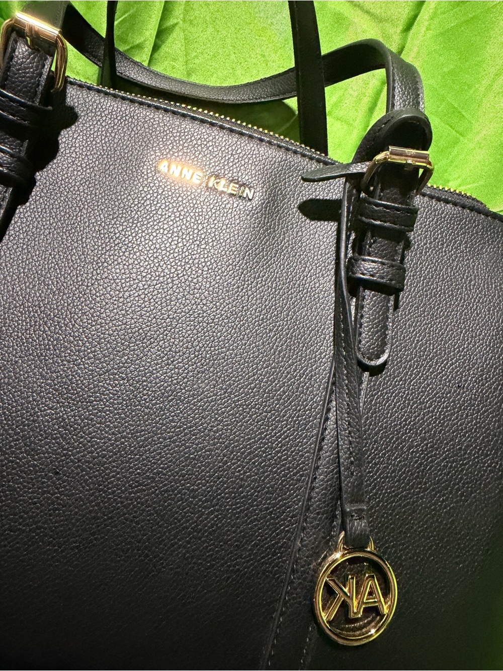 Anne Klein Black Pebbled with Gold Logo Charm